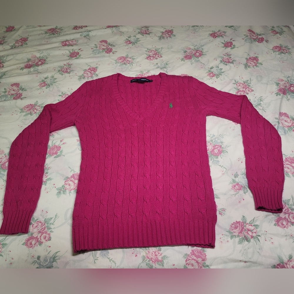 Ralph Lauren Sport Cable knit Sweater Sz Small Pink Pony Logo